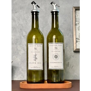 PEMBELİA LİFE Ahşap Standlı Amber 2’li 750ML Cam Zeytinyağı Sıvıyağ Şisesi Yağdanlık Yağlık Set