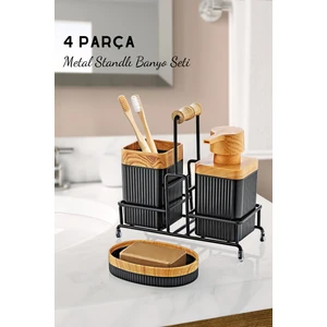 Grimor Life Metal Standlı Ahşap Detaylı Banyo Seti - Sıvı Sabunluk Katı Sabunluk Diş Fırçalık