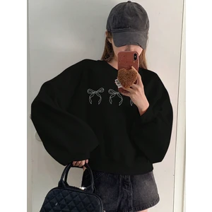 Unisex Kadın Siyah Kurdeleknot Baskılı Bisiklet Yaka Sweatshirt Oversize