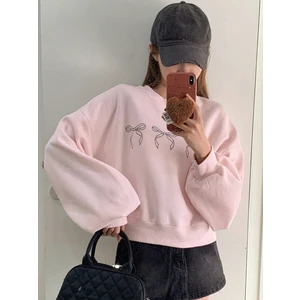 Unisex Kadın Pembe Kurdele Modeli Uzun Kollu Sweatshirt Oversize Kapüşonlu