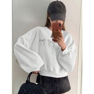 Unisex Kadın Beyaz Kurdele Tie Baskılı Bisiklet Yaka Sweatshirt Oversize