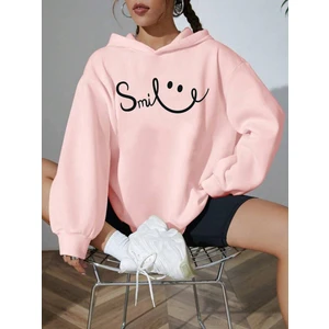Unisex Kadın Pembe Smile Baskılı Hoodie  Oversize Kapüşonlu