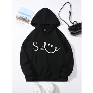 Unisex Kadın Siyah Tatlı Karikatür Baskılı Hoodie Baskılı Oversize Kapüşonlu