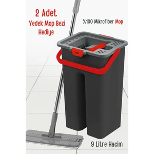 Grimor Life Style Flat Mop Temizlik Kova Paspas Seti Siyah Renk 9 Litre+ 2 Adet Yedek Mop Bezi
