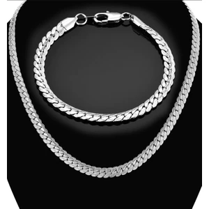 Takı Dükkanı Silver Ezme Yassı Yılan Çelik Unisex Kolye ve Bileklik Seti ECK36S