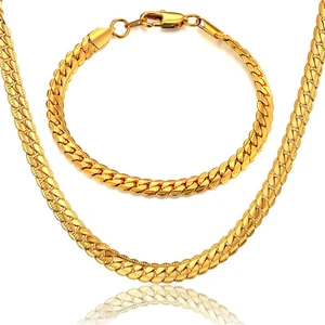 Takı Dükkanı Gold Ezme Yassı Yılan Çelik Unisex Kolye ve Bileklik Seti ECK37S