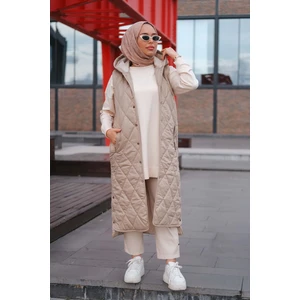 Kadın Taba Kapüşonlu Kapitone Yelek MNL-023Y Bej