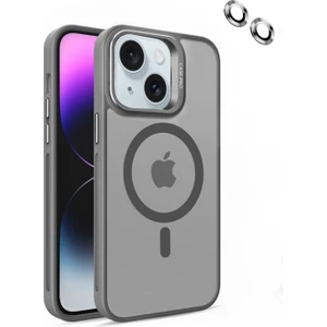 Apple iPhone 15 Plus Kılıf Magsafeli Standlı Sert Mika + Lens Koruyucu Gri