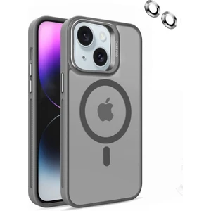 Case Street Apple iPhone 14 Kılıf Magsafeli Standlı Sert Mika + Lens Koruyucu Gri
