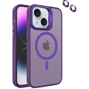 Case Street Apple iPhone 14 Kılıf Magsafeli Standlı Sert Mika + Lens Koruyucu Derin Mor