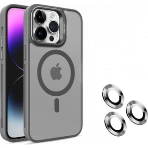 Case Street Apple iPhone 15 Pro Max Kılıf Magsafeli Standlı Sert Mika + Lens Koruyucu Gri