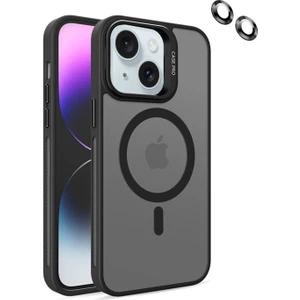 Case Street Apple iPhone 14 Plus Kılıf Magsafeli Standlı Sert Mika + Lens Koruyucu + Nano Siyah