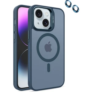 Case Street Apple iPhone 14 Plus Kılıf Magsafeli Standlı Sert Mika + Lens Koruyucu + Nano Lacivert