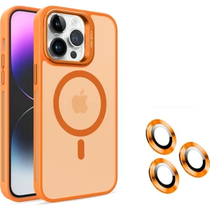 Case Street Apple iPhone 15 Pro Kılıf Magsafeli Standlı Sert Mika + Lens Koruyucu Turuncu