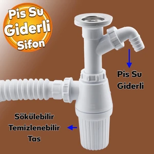Pis Su Giderli Sökülebilir Tas'lı Çift Gider Sifon Körüklü Temizlenebilir Mutfak Banyo Lavabo Boru