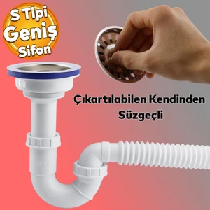 Süzgeçli Geniş Kafalı Körüklü Işyeri Yemekhane Evye Sifonu Gider Borusu Akordiyon Plastik 15-35 cm