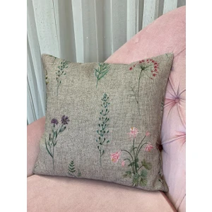 Country Collection Natural Keten Çiçek Desenli Yastık Kılıfı