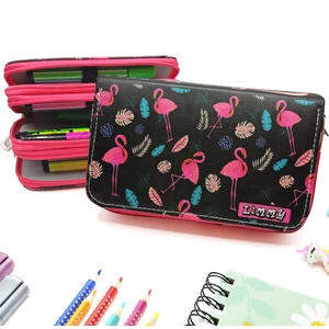 Simli Işıltılı Flamingo Siyah Kalem Kutusu Vegan Deri Kalemkutu Üç Bölmeli Kalemlik Pembe