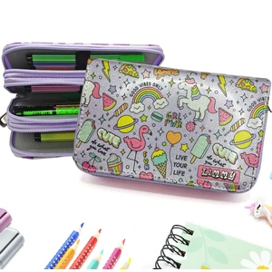 Simli Işıltılı Mor Unicorn Flamingo Kalem Kutusu Vegan Deri Kalemkutu Üç Bölmeli Kalemlik Mor