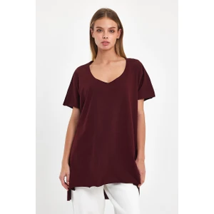 Amazing Crash Kadın V Yaka Yırtmaçlı Oversize Basic Tişört