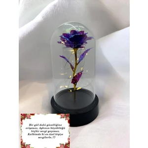 Fanus Içerisinde Dekoratif Peri LED Işıklı Mor Solmayan Sonsuzluk Gülü Hediye Lamba