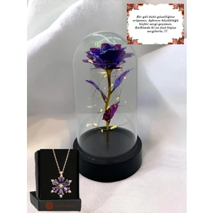 Fanus Içerisinde Dekoratif Peri LED Işıklı Mor Solmayan Sonsuzluk Gülü Lamba ve Lotus Kolye