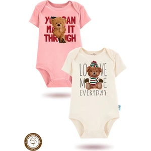 2'li Organik"her Gün Sev Beni" Baskılı Kısa Kollu Bebek Body Zıbın    Ekru-Pudra-15-16