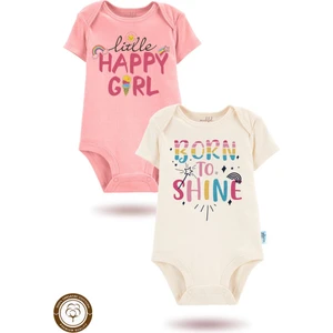 2'li Organik" Minik Mutlu Kız" Baskılı Kısa Kollu Bebek Body Zıbın    EKRU-PUDRA-336-335