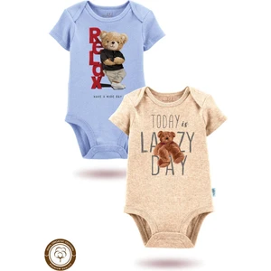 2'li Organik"lazy Day" Baskılı Kısa Kollu Bebek Body Zıbın     Kısa-Mavi-Bej1-37