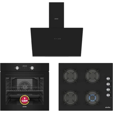 Simfer Ankastre Set Siyah Dijital Power Turbo Fanlı Cam Ocaklı 3'lü Set (Fırın + Ocak +