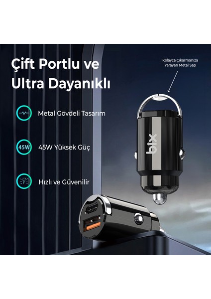 BXCCP45W 45W Type-C Pd ve Usb-A Qc 3.0 18W Çift Çıkışlı Mini Metal Araç Şarj Cihazı Siyah