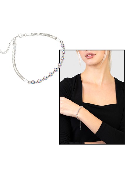 Oval Tasarım Multicolor Zirkon Taşlı 925 Ayar Gümüş Su Yolu Kadın Bileklik fiyatları