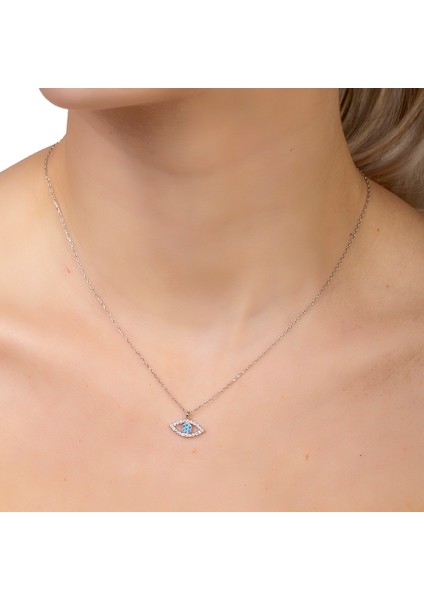 Turkuaz-Beyaz Zirkon Taşlı Göz Tasarım Silver Renk 925 Ayar Gümüş Kadın Kolye fırsatları
