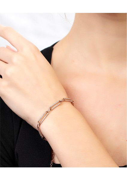Beyaz Zirkon Taşlı Trend Tasarım Rose Renk 925 Ayar Gümüş Kadın Bileklik fırsatları
