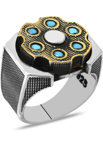 Firuze Taşlı Dönen Çark Tasarım 925 Ayar Gümüş Erkek Yüzük