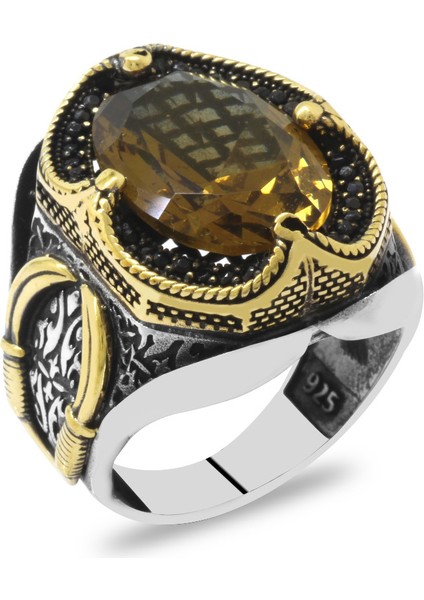 Faset Zultanit Taşlı Yanları Mikro Taş Mıhlamalı Kılıç Temalı 925 Ayar Gümüş Erkek Yüzük