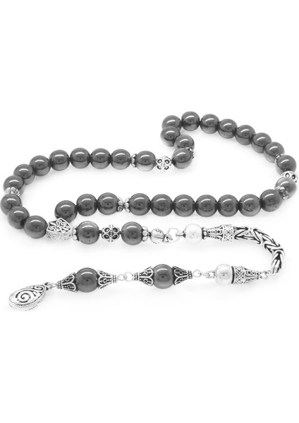 Koleksiyonluk 925 Ayar Gümüş Püsküllü Küre Kesim Hematit Doğaltaş Tesbih