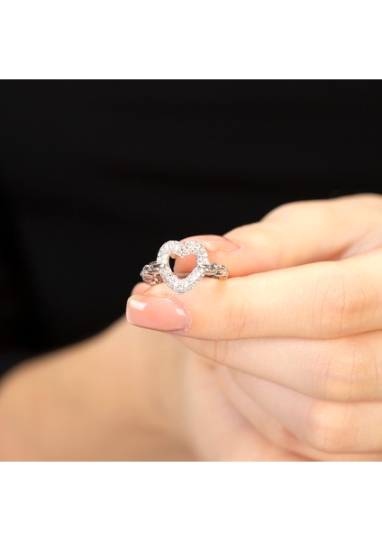 Beyaz Zirkon Taşlı Kalp Tasarım Silver Renk Free Size 925 Ayar Gümüş Kadın Yüzük fiyatları