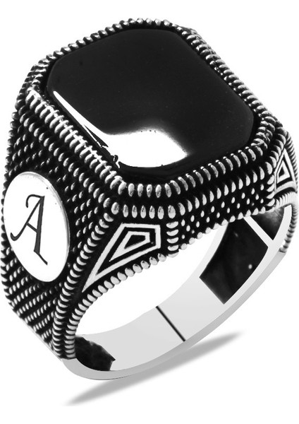 Nokta Işlemeli Siyah Oniks Taşlı Kişiye Özel Isim/harf Yazılı 925 Ayar Gümüş Erkek Yüzük