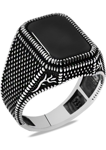 Nokta Desenli Lale Işlemeli Siyah Oniks Taşlı 925 Ayar Gümüş Erkek Yüzük