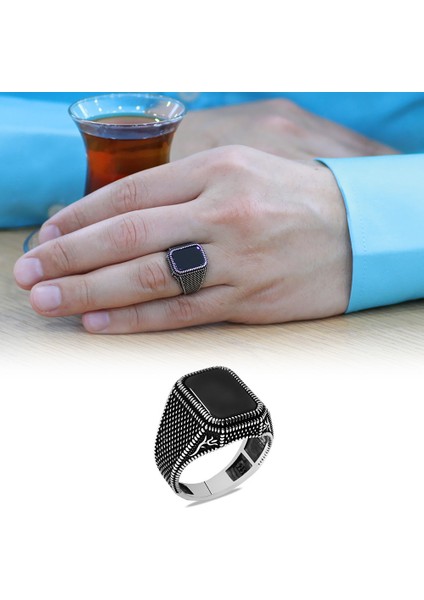 Nokta Desenli Lale Işlemeli Siyah Oniks Taşlı 925 Ayar Gümüş Erkek Yüzük fiyatları