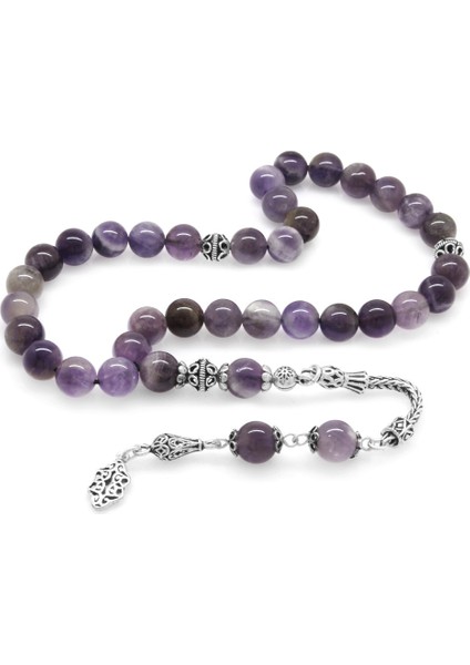 925 Ayar Gümüş Püsküllü Küre Kesim Ametist Doğaltaş Tesbih