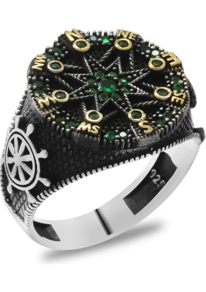 Yeşil Zirkon Taşlı Pusula Tasarım Yanları Çapa&gemi Dümeni Detaylı 925 Ayar Gümüş Erkek Yüzük