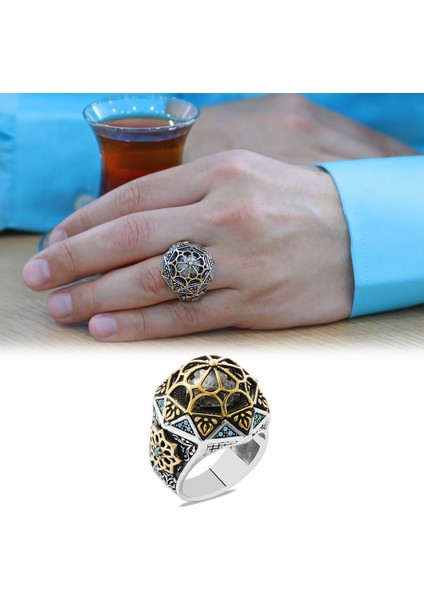 Ayasofya-I Kebir Camii Tasarımlı Firuze Taş Süslemeli 925 Ayar Gümüş Erkek Yüzük fiyatları