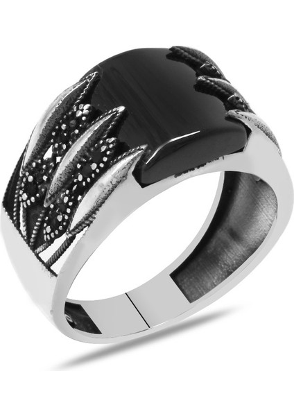 Zirkon Taş Işlemeli Lale Desenli Bombeli Oniks Taşlı 925 Ayar Gümüş Erkek Yüzük