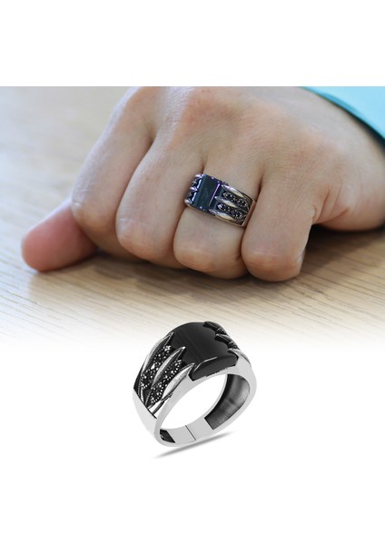 Zirkon Taş Işlemeli Lale Desenli Bombeli Oniks Taşlı 925 Ayar Gümüş Erkek Yüzük fiyatları