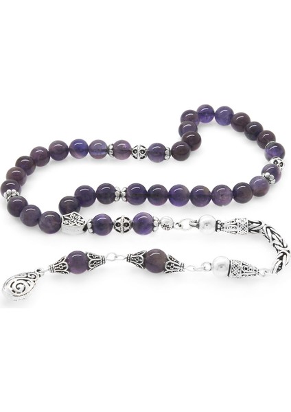 Koleksiyonluk 925 Ayar Gümüş Püsküllü Küre Kesim Ametist Doğaltaş Tesbih