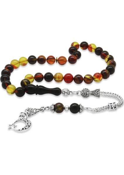 Kararmaz Metal Ayyıldız Püsküllü Küre Kesim Bala-Siyah Ateş Kehribar Tesbih