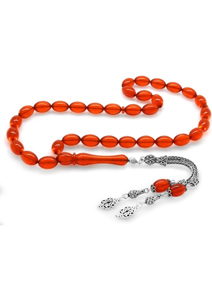 925 Ayar Gümüş Çift Püsküllü Arpa Kesim Kırmızı Ateş Kehribar Tesbih