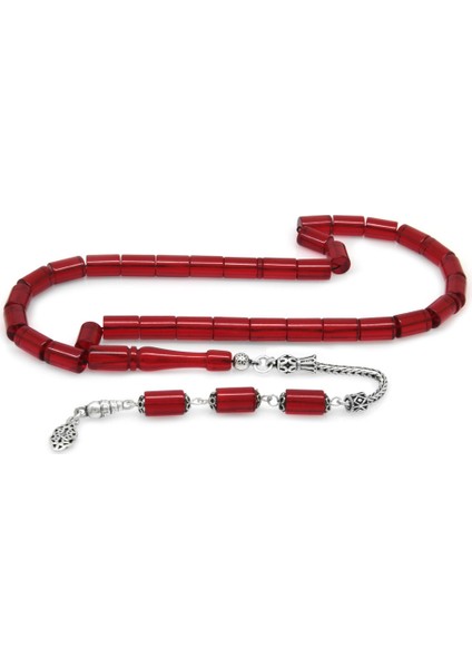 925 Ayar Gümüş Püsküllü Kesme Kesim Kırmızı Ateş Kehribar Tesbih fiyatları